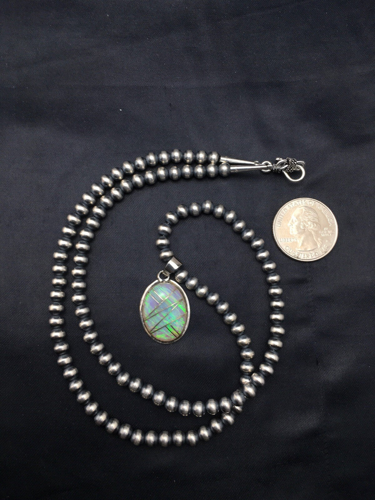 Native Opal Inlay Pendant Navajo Pearls Sterling Silver Necklace 4400