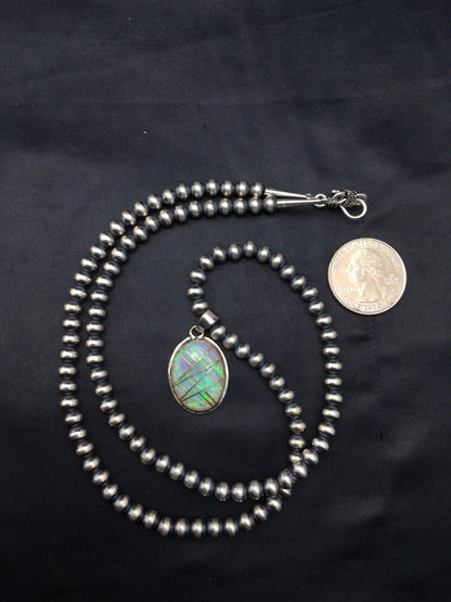 Native Opal Inlay Pendant Navajo Pearls Sterling Silver Necklace 4400