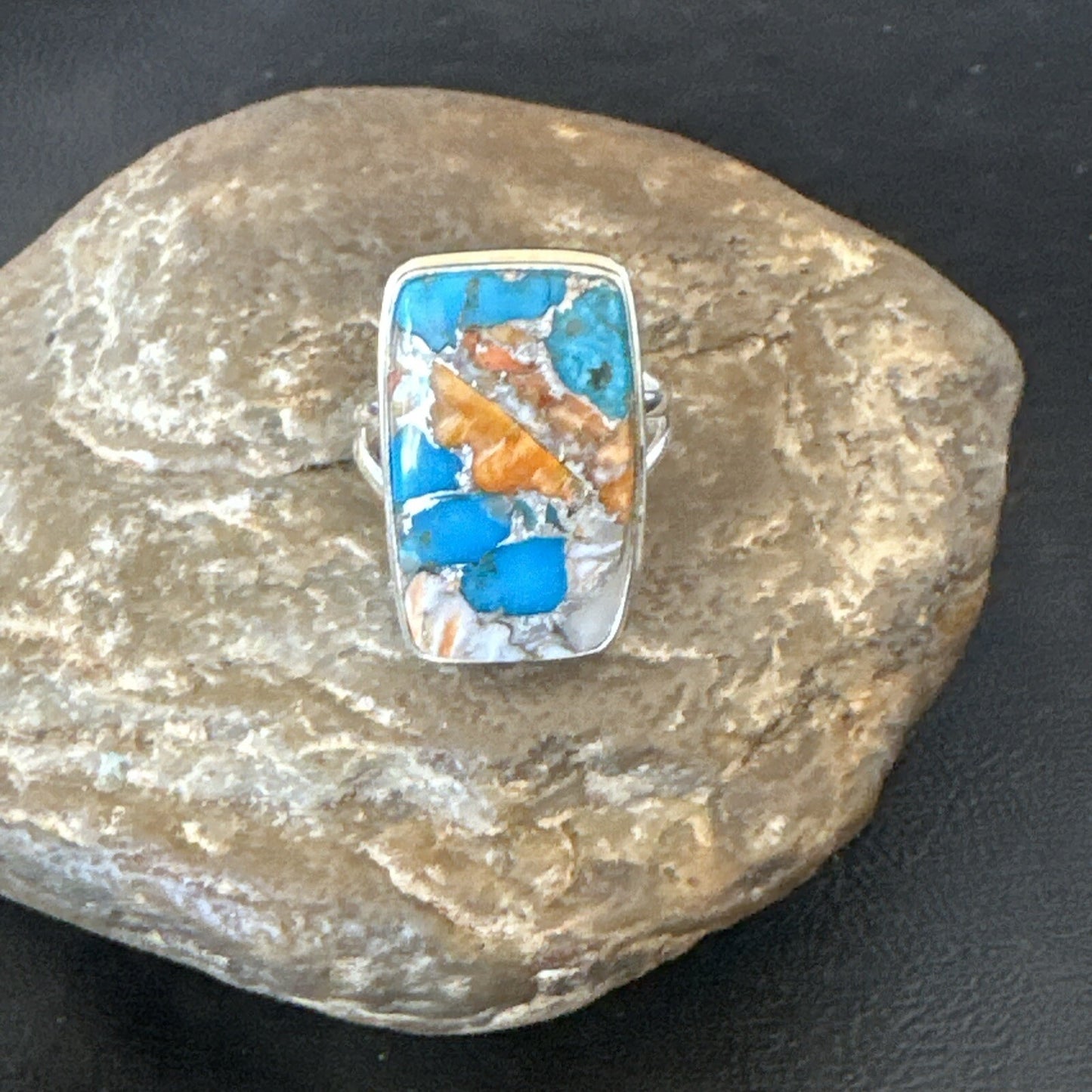 Blue Turquoise Spiny Oyster Southwestern Sterling Silver Ring Size 11 18452