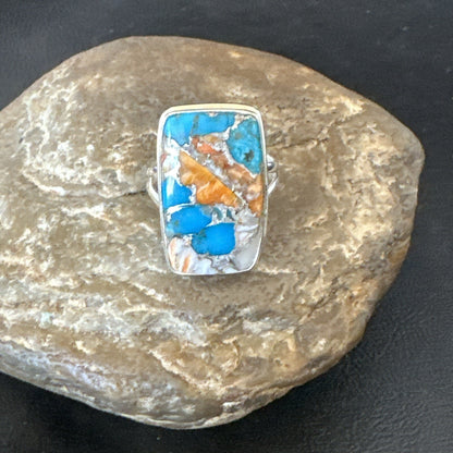 Blue Turquoise Spiny Oyster Southwestern Sterling Silver Ring Size 11 18452