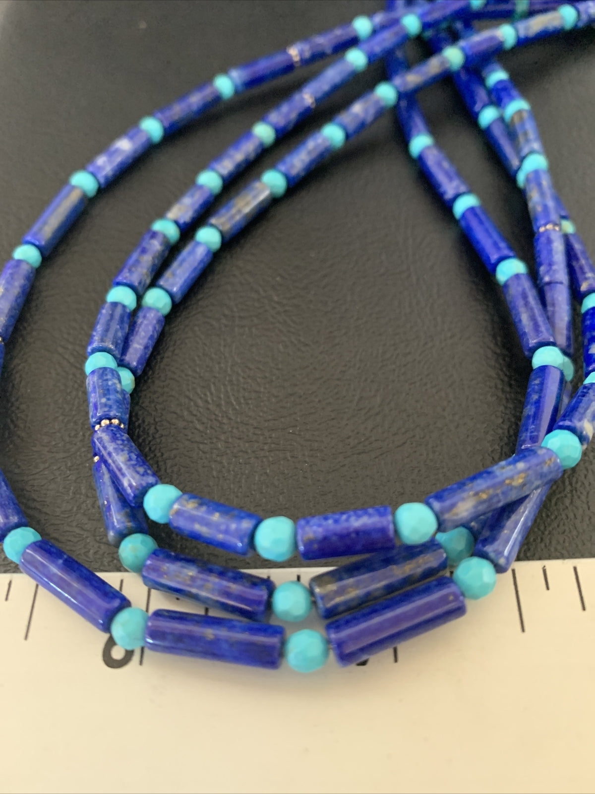 Lapis & Turquoise Tube Beads 3 Strands Navajo Sterling Silver Necklace 12701