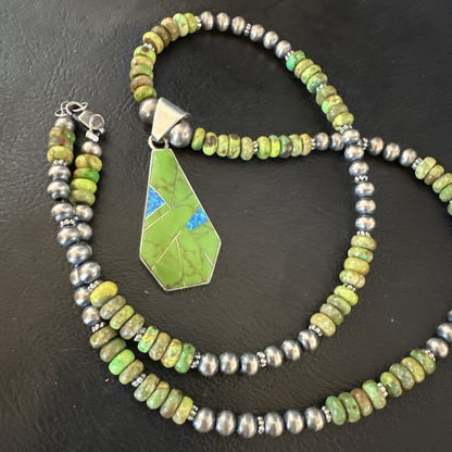 Womens Green Gaspeite Turquoise Pendant Navajo Sterling Silver Necklace 19546