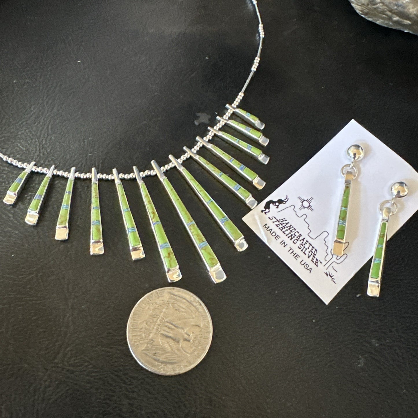 Womens Green Gaspeite Stick Pendant Necklace Earrings Sterling Silver 19151