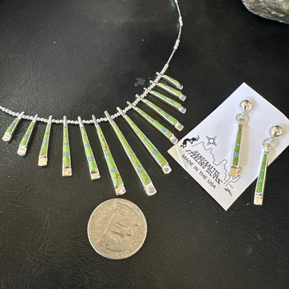 Womens Green Gaspeite Stick Pendant Necklace Earrings Sterling Silver 19151