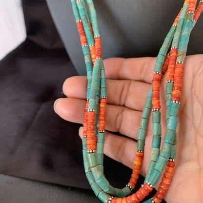 Navajo Green Royston Turquoise Spiny Necklace Sterling Silver 26" 10469