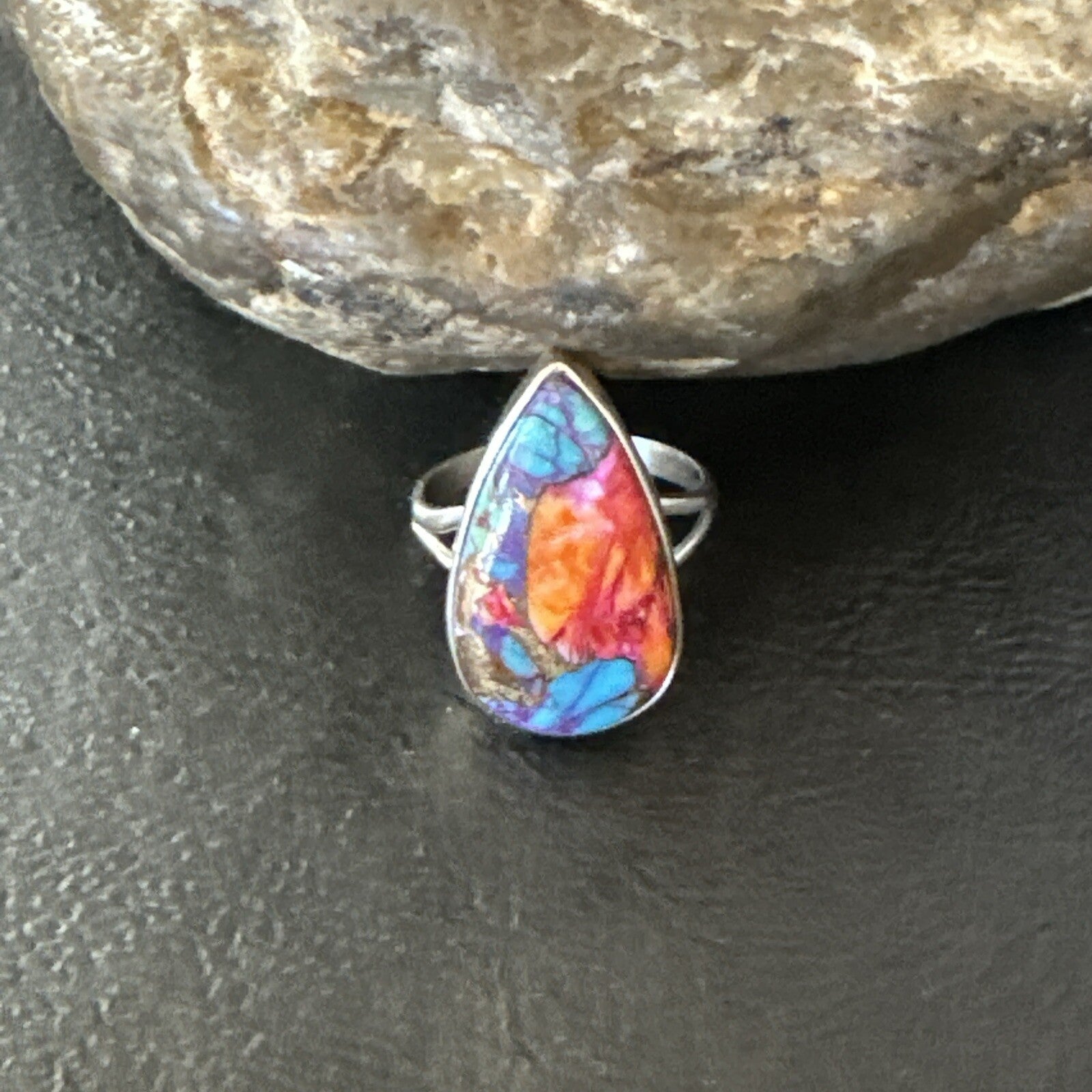 Blue Turquoise Spiny Oyster Southwestern Sterling Silver Ring Size 7 18420