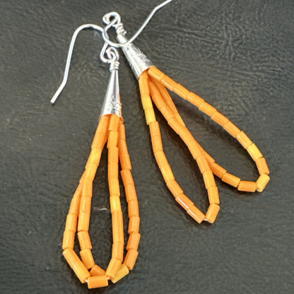 Orange Beads 2 Strands Heishi Liquid Sterling Silver Dangle Earrings 2" 18178