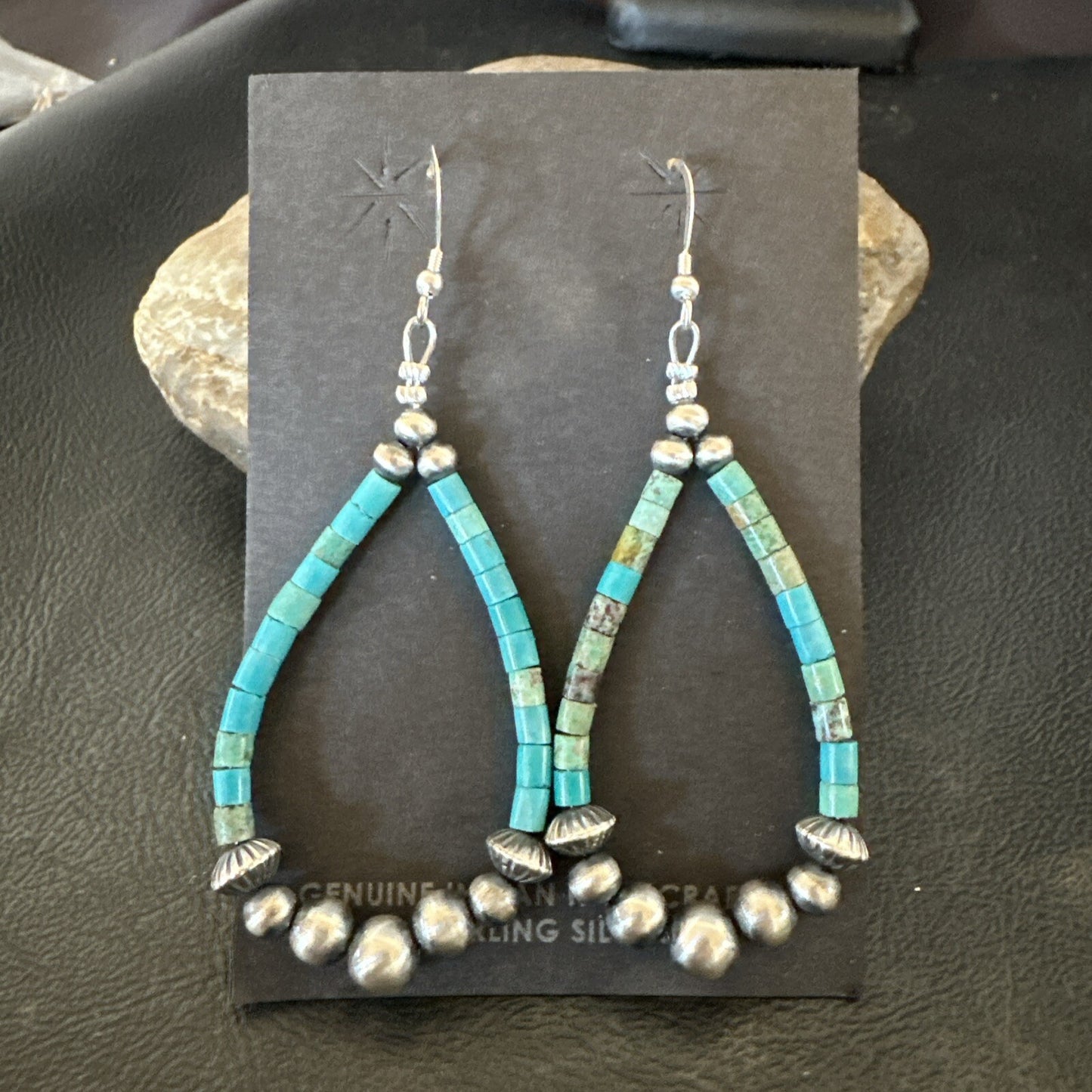 Blue Turquoise Heishi Sterling Silver Beads Navajo Beads Earrings 2" 17873
