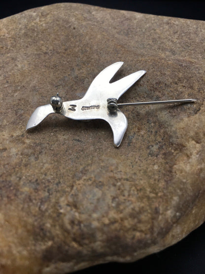 Turquoise & Coral Hummingbird Navajo Sterling Silver Pin 02899