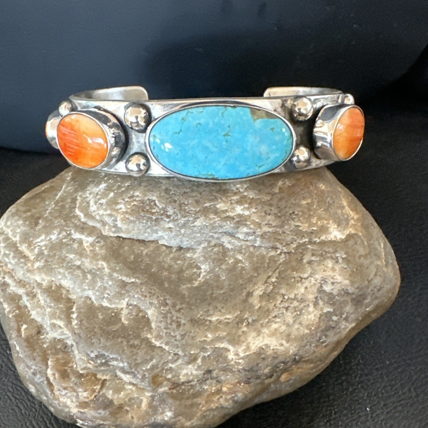 Orange Spiny Turquoise 5 Stone Sterling Silver Navajo Cuff Bracelet 7.7" 19479