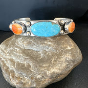 Orange Spiny Turquoise 5 Stone Navajo Cuff Bracelet 7.7" | Sterling Silver | Authentic Native American Handmade | 19479