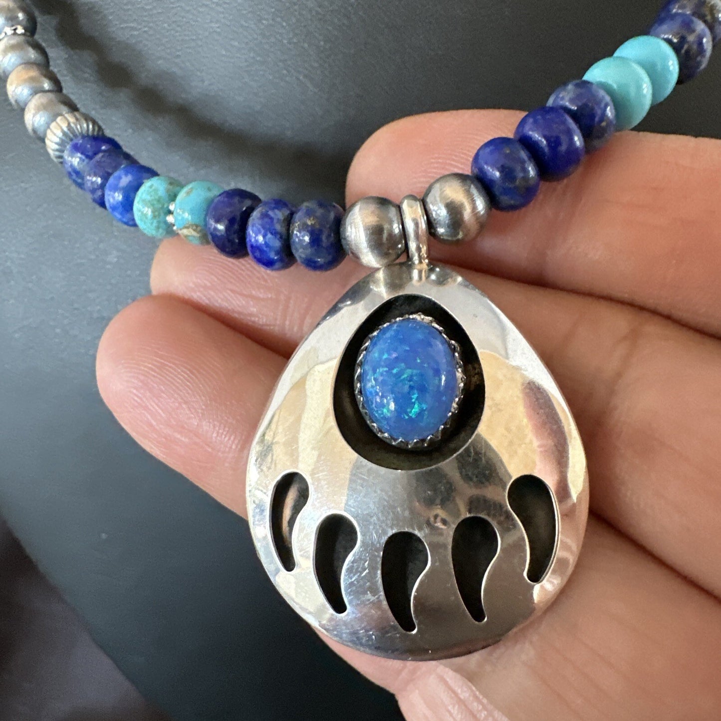 Mens Blue Turquoise Lapis BearPaw Pendant Navajo Sterling Silver Necklace 17882