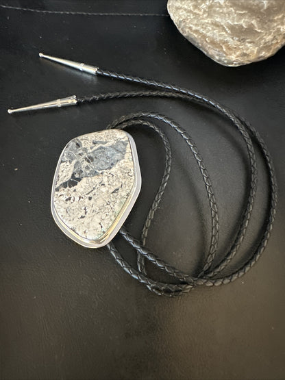 Mens BOLO TIE WHITE BUFFALO TURQUOISE Sterling Silver Navajo 3in 15004