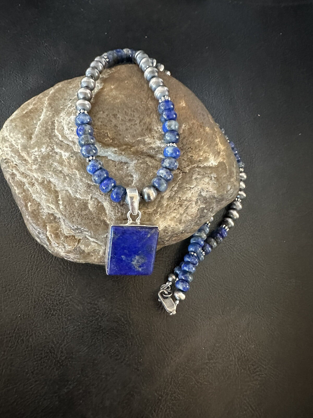 Mens Womens Blue Lapis Navajo Sterling Silver Cluster Pendant Necklace 21” 18341