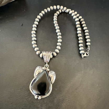 Mens Womens Black Onyx Pendant Navajo Sterling Silver Beads Necklace 18351