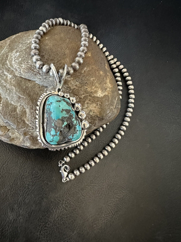 Rustic Blue Kingman Turquoise Pendant Navajo Necklace 20" | Sterling Silver | Authentic Native American Handmade | 18315