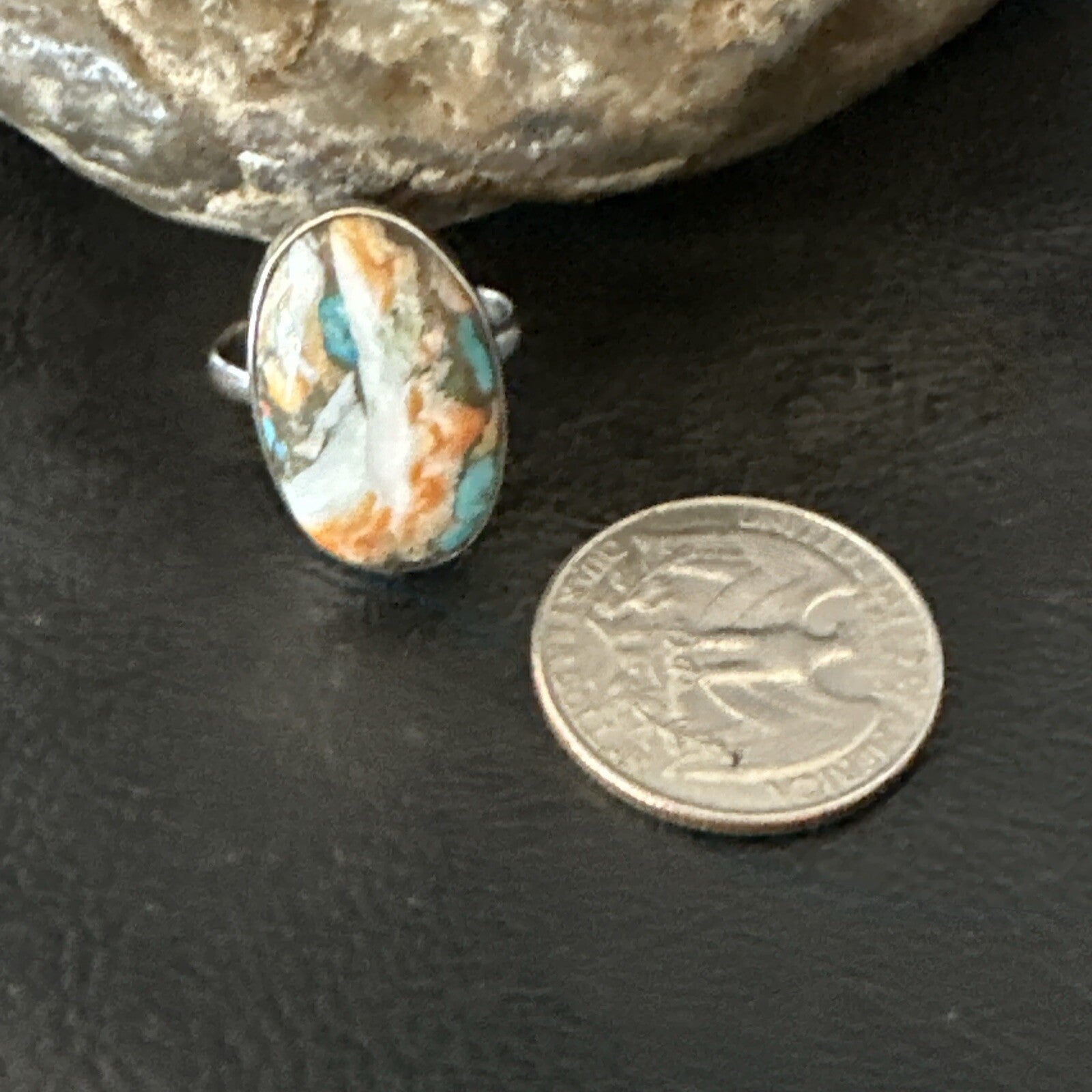 Blue Turquoise Spiny Oyster Southwestern Sterling Silver Ring Size 8 18439