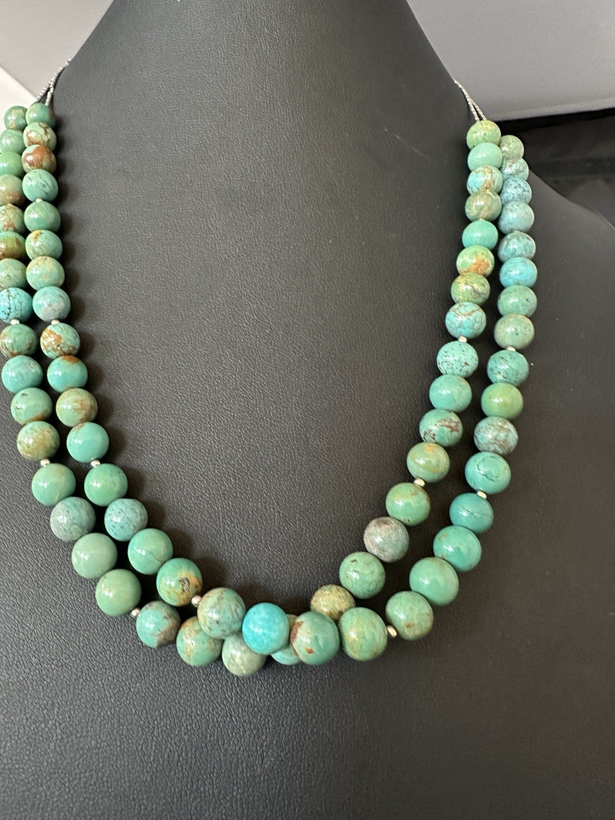 Native Turquoise Bead 2 Strand Navajo Sterling Silver Necklace 22” 19464