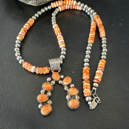Navajo Pearls Sterling Necklace Orange Spiny Oyster Cluster Naja Pendant 19552