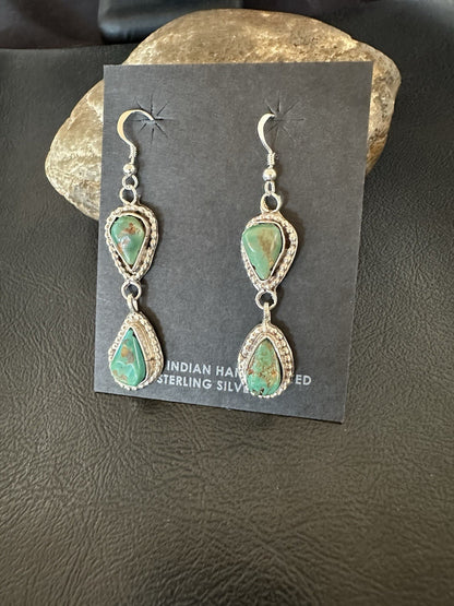 Green Royston Turquoise Navajo Sterling Silver Dangle Earrings 19371