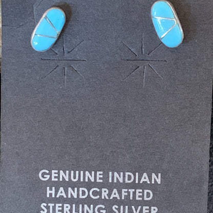 Zuni Handmade Kingman Turquoise Inlay Sterling Stud Post Earrings 13025