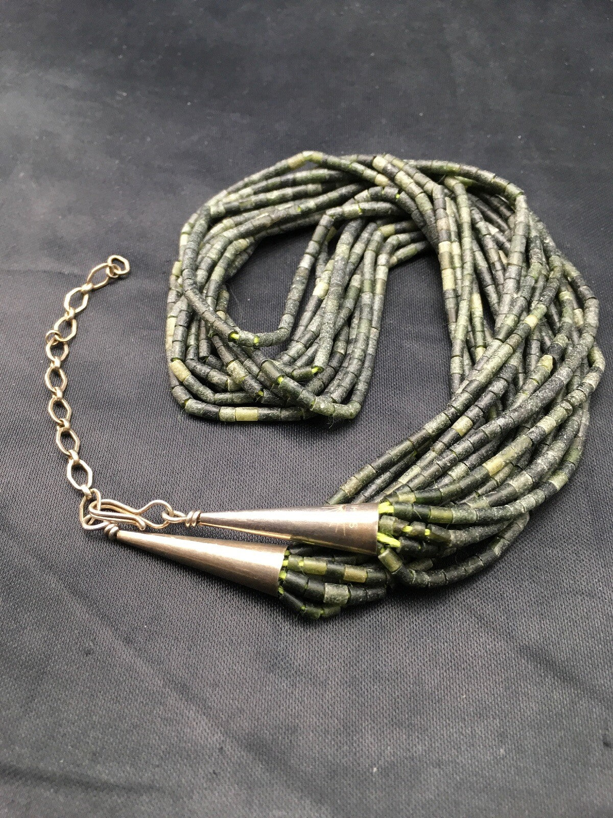 Southwestern Green Agate Heishi 10 Strand Sterling Silver Necklace 16" 04351