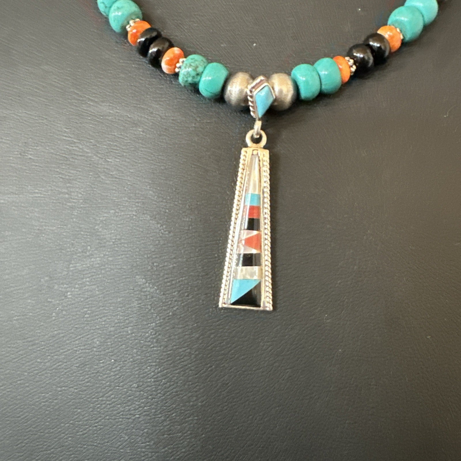 Multicolor Turquoise Spiny  Zuni Sterling Silver Inlay Pendant Necklace 19664