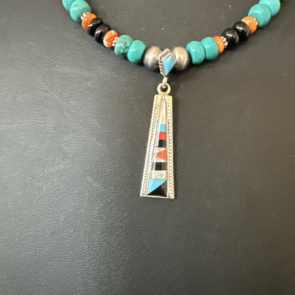 Multicolor Turquoise Spiny  Zuni Sterling Silver Inlay Pendant Necklace 19664
