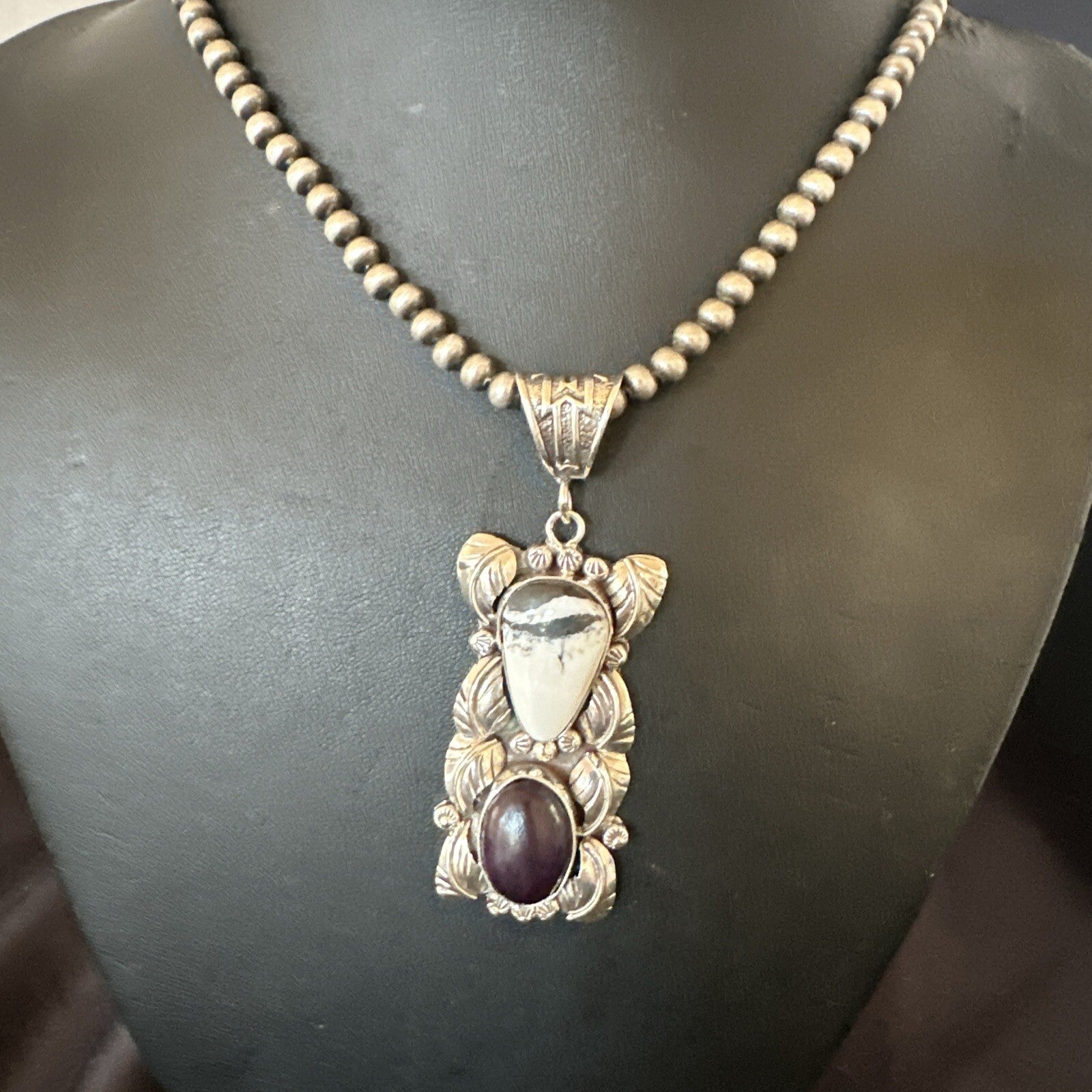 White Buffalo Turquoise  Purple Stone Pendant Navajo Sterling Silver 18036