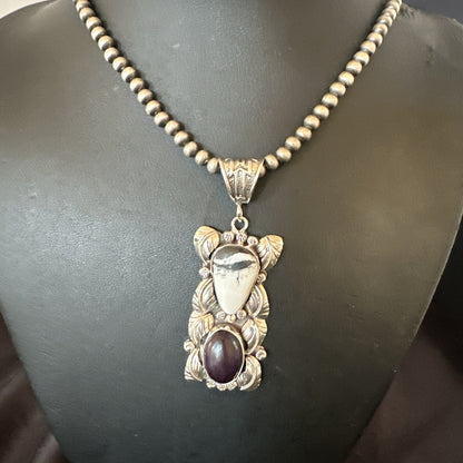 White Buffalo Turquoise  Purple Stone Pendant Navajo Sterling Silver 18036