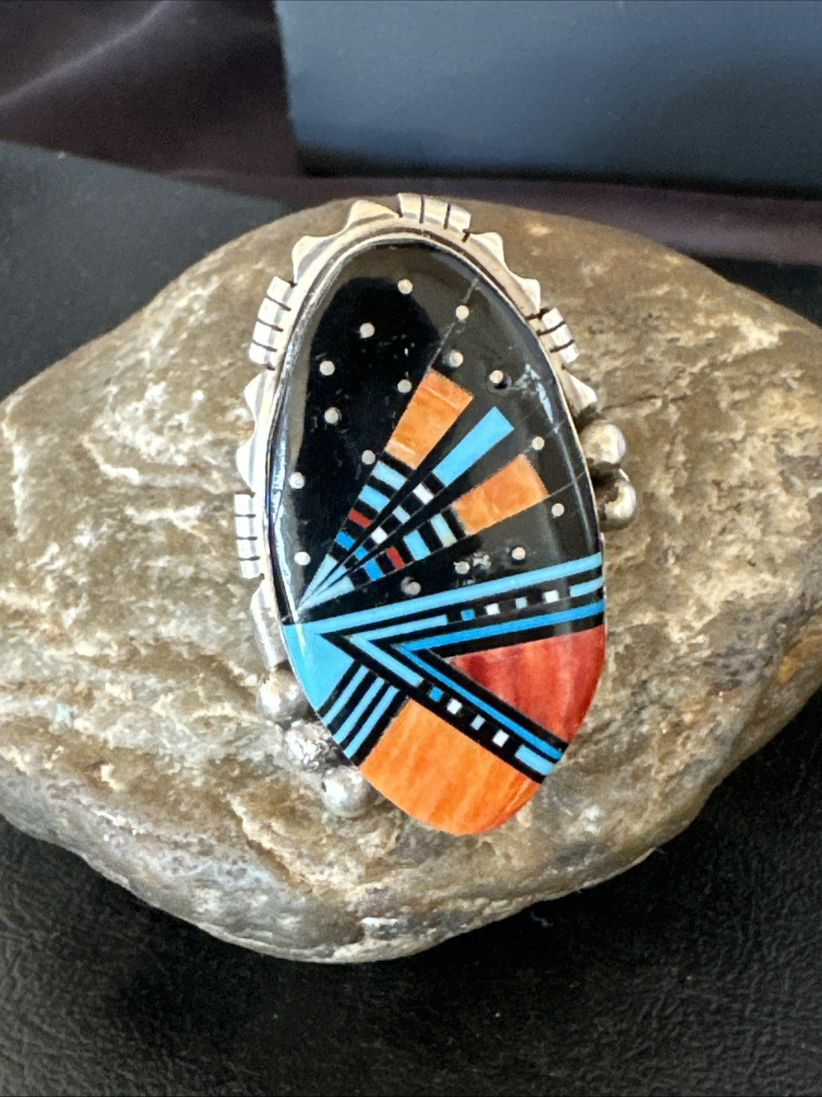 Onyx Turquoise Spiny Navajo Cosmic Inlay Sterling Silver Ring Size 10 19783
