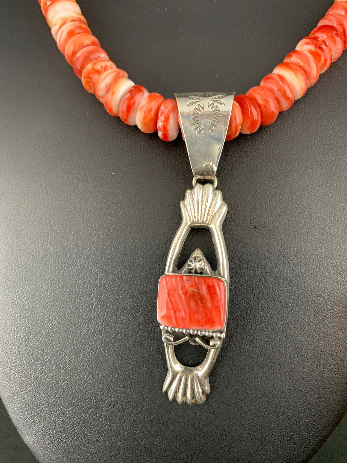 Native Mens Red Spiny Oyster Pendant Navajo Sterling Silver Necklace 04782
