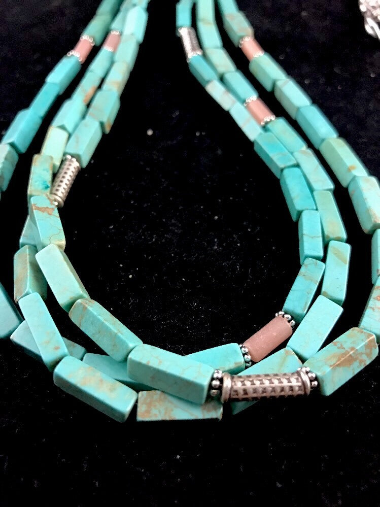Navajo 3S Stabilized Blue Turquoise Pink Opal Bead Sterling Silver Necklace1201
