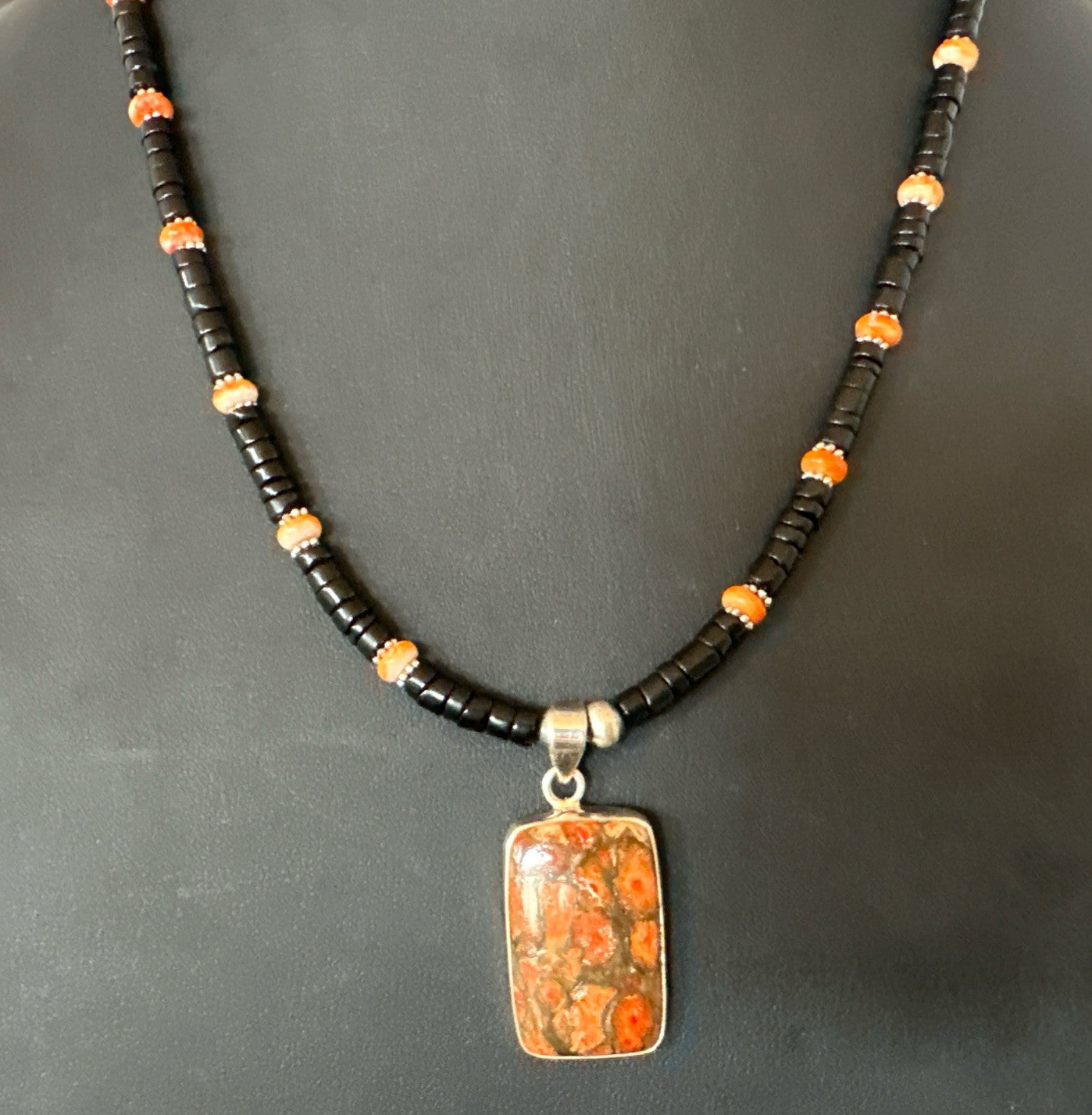 Orange Spiny Black Onyx Navajo Sterling Silver Pendant Necklace 20” 19637