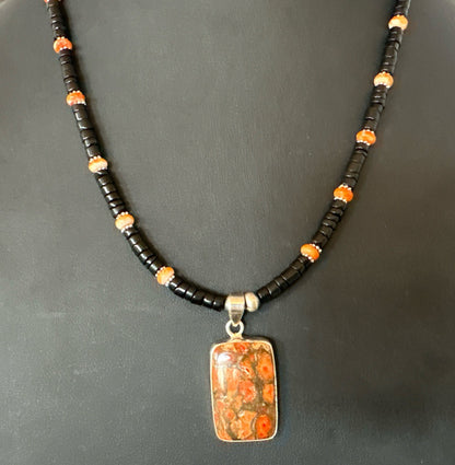 Orange Spiny Black Onyx Navajo Sterling Silver Pendant Necklace 20” 19637