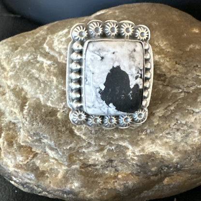 White Buffalo Turquoise Navajo Sterling Silver Ring Size 8 18775
