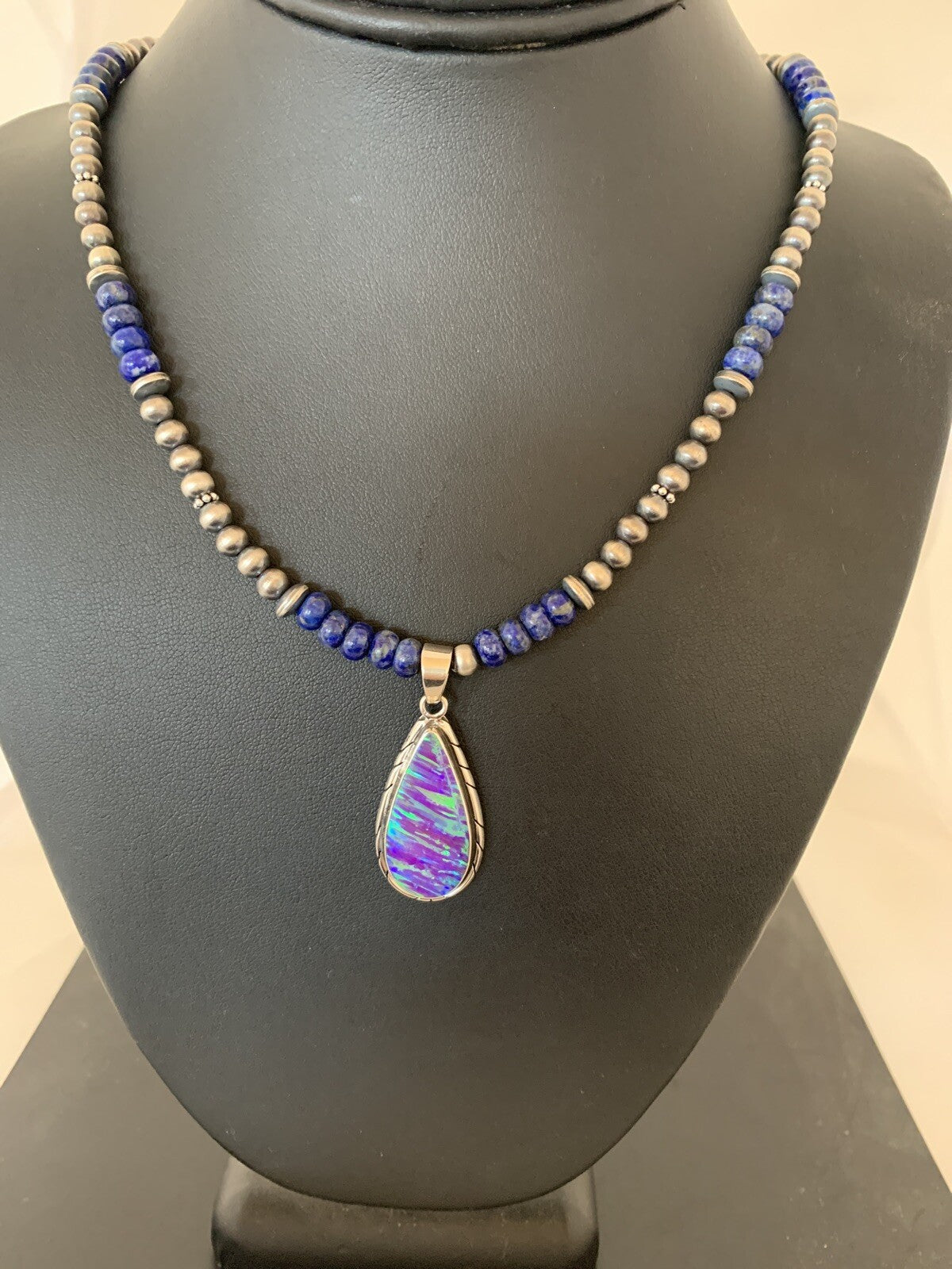 Native Navajo Sterling Silver Purple Opal Lapis Necklace Pendant 00591
