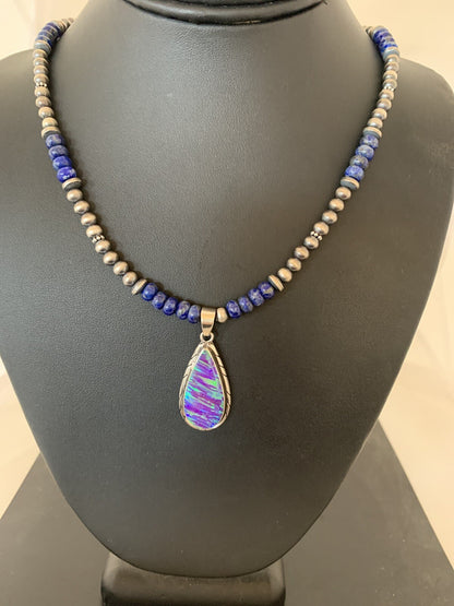 Native Navajo Sterling Silver Purple Opal Lapis Necklace Pendant 00591