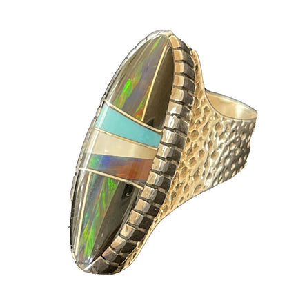 Navajo Multi-Color Opal & Turquoise Inlay Sterling Silver Ring Size 7 01584