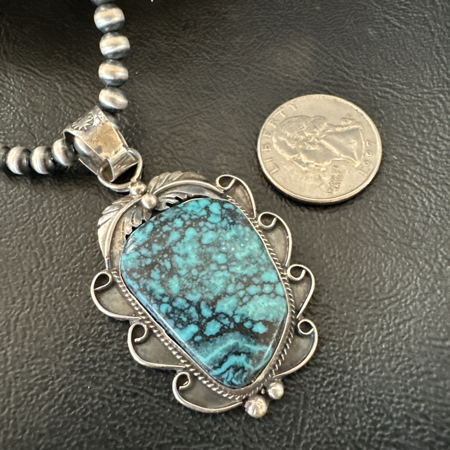WoMens Blue Spiderweb Turquoise Pendant Navajo Sterling Silver Necklace 19298