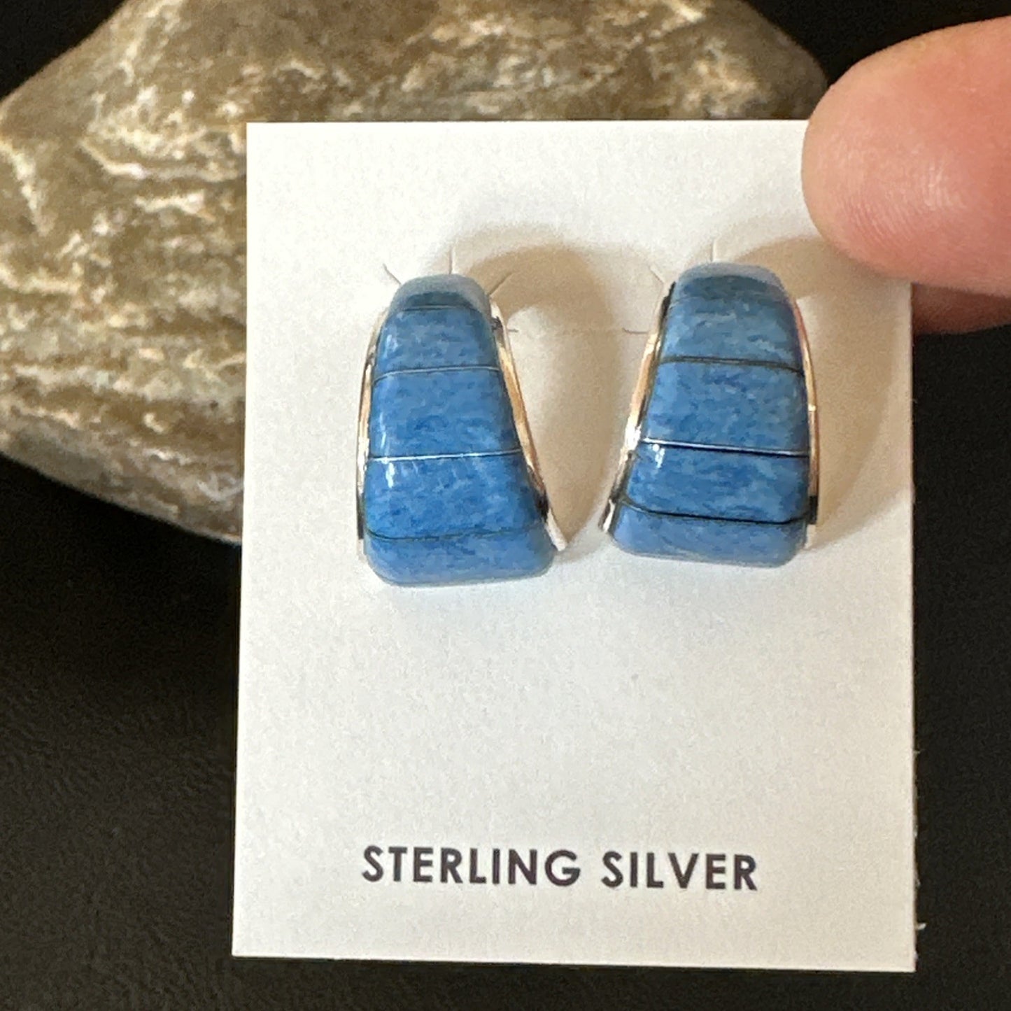 Southwestern Sterling Silver Blue  Denim Lapis Stud Inlay Earrings 1” 19268