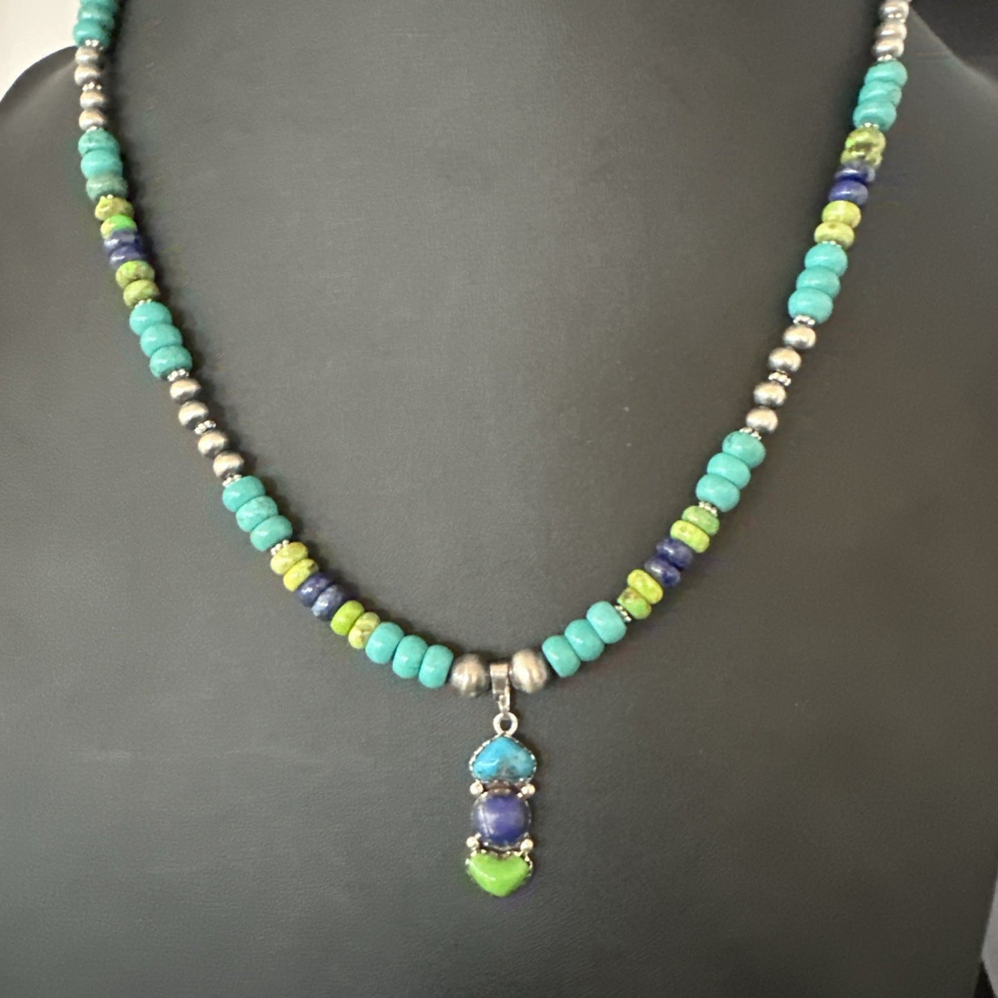 Blue Lapis Green Turquoise Cluster Pendant Navajo Sterling Silver Necklace 19659