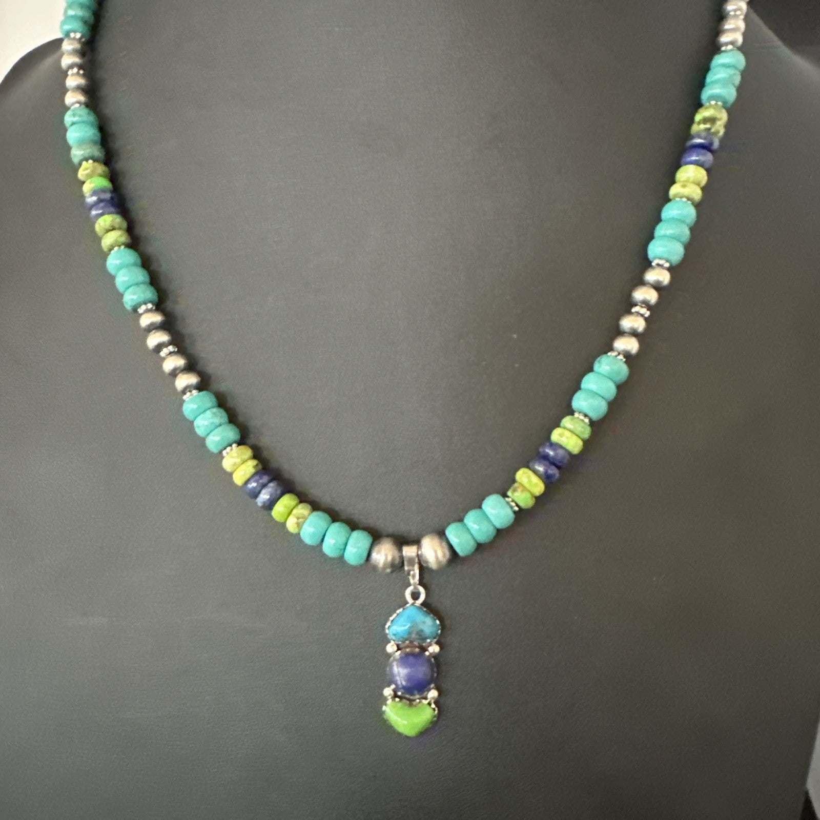 Blue Lapis Green Turquoise Cluster Pendant Navajo Sterling Silver Necklace 19659