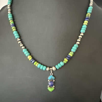 Blue Lapis Green Turquoise Cluster Pendant Navajo Sterling Silver Necklace 19659