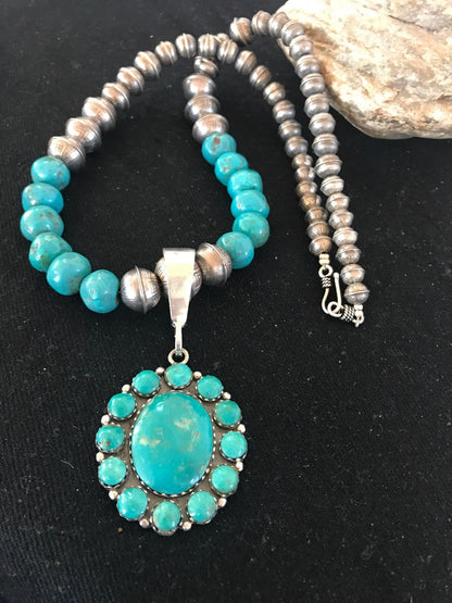 Navajo Pearls Kingman Beads Turquoise Sterling Silver Necklace Pendant 01223