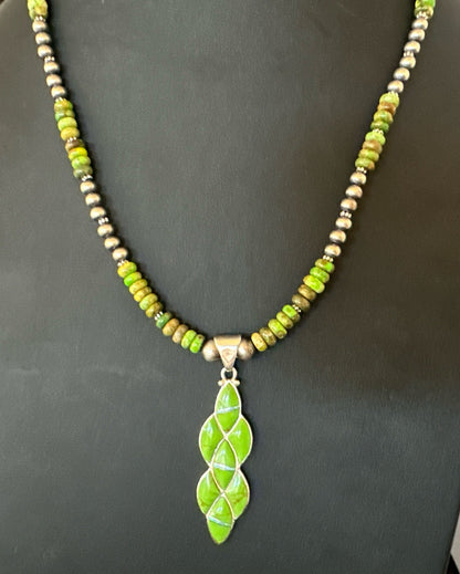 Womens Green Gaspeite Turquoise Opal Pendant Sterling Silver Necklace 19548