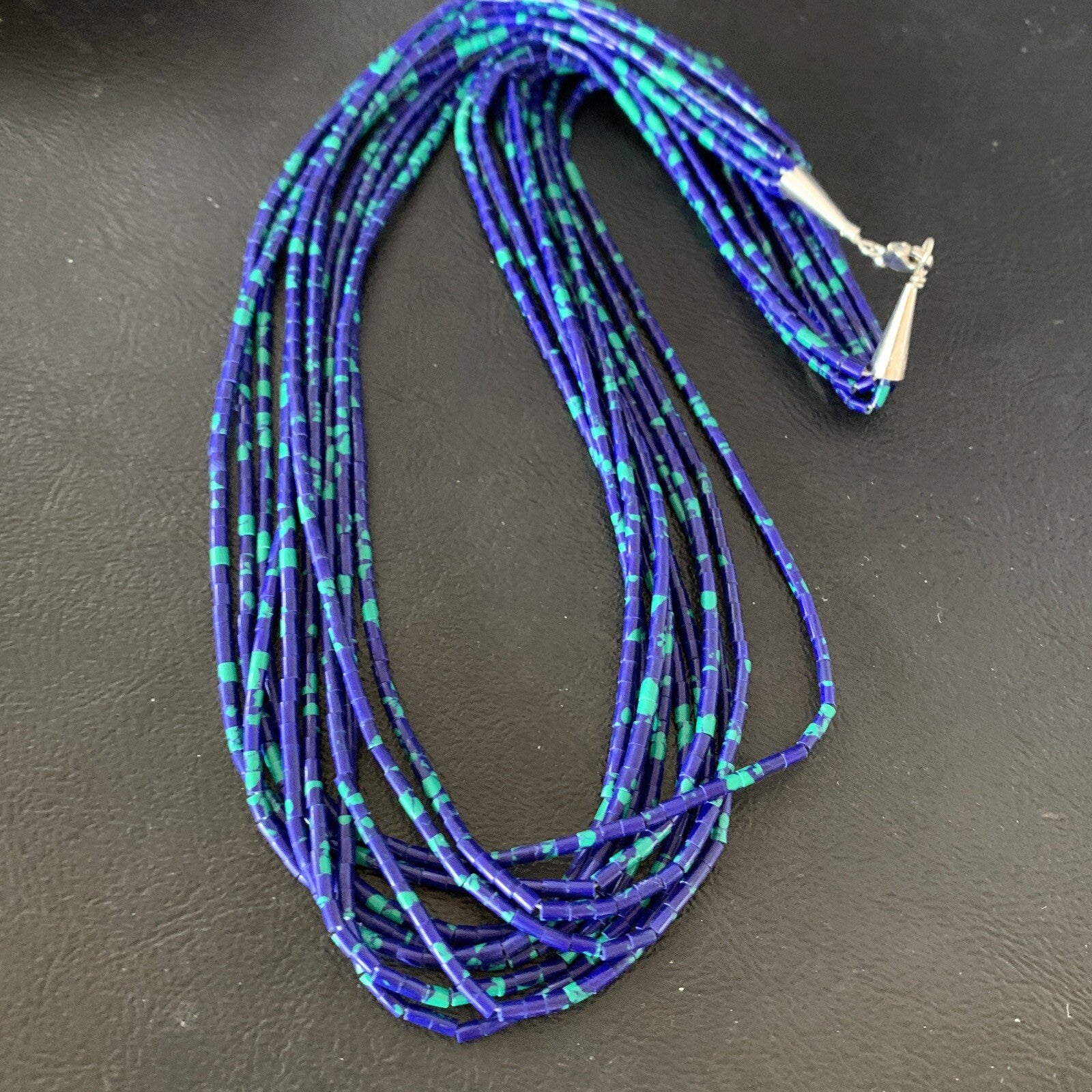 Blue Green Azurite Heishi 10Strand Stabilized Sterling Silver Necklace 20” 10349