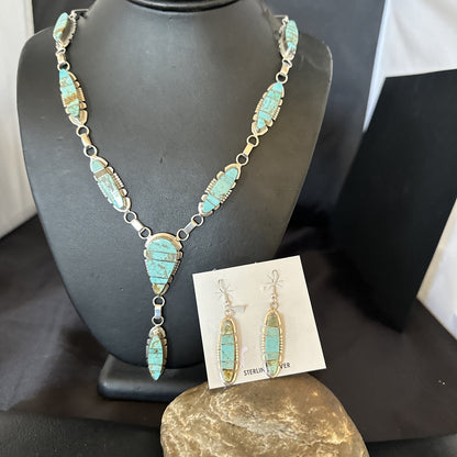 Inlay Blue Turquoise#8 Navajo Sterling Silver Lariat Necklace Earrings 24” 17770