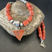 Navajo Apple Sponge Coral Necklace Inlay Pendant 21" | Sterling Silver | Authentic Native American Handmade | 18684