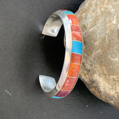 Mens Red Spiny & Turquoise Navajo Sterling Silver Inlay Bracelet 1647